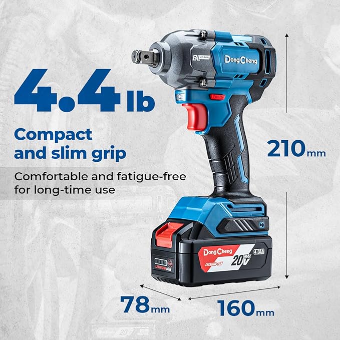 Dong Cheng 20V Brushless Impact Wrench, Max Torque 360 ft-lbs (488N.m), 1/2" with 3 Mode Speed, 2400 RPM Cordless Impact Gun, Includes 2 * 4.0Ah Battery and Charger, 4 Impact Sockets and Kit Bag