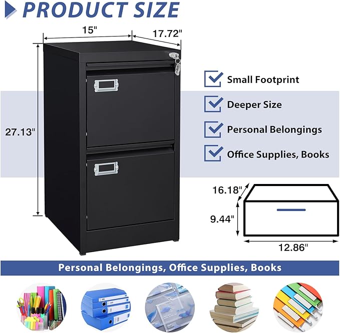 2 Drawer File Cabinet, Filing Cabinets for Home Office, Metal Vertical File Storage Cabinet with Lock, Locking File Cabinet for A4 Legal/Letter, 15.1" W x 17.7" D x 28.7" H, Assembly Required