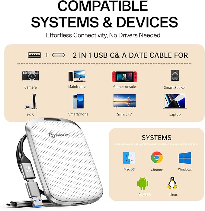 PHIXERO P5PLUS Portable SSD 4TB Up to 550MB/s, USB 3.2 Gen 2 External Solid State Drive，USB C to C&A for Smartphone，Tablet，PC，Labtop (White)