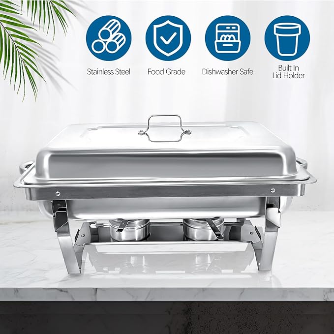 Chafing Dish for Buffet, 6 Pack Stainless Steel Chafing Servers Food Warmer Set with 8QT Half Size Food Pan for Kitchen Party Banquet Dining