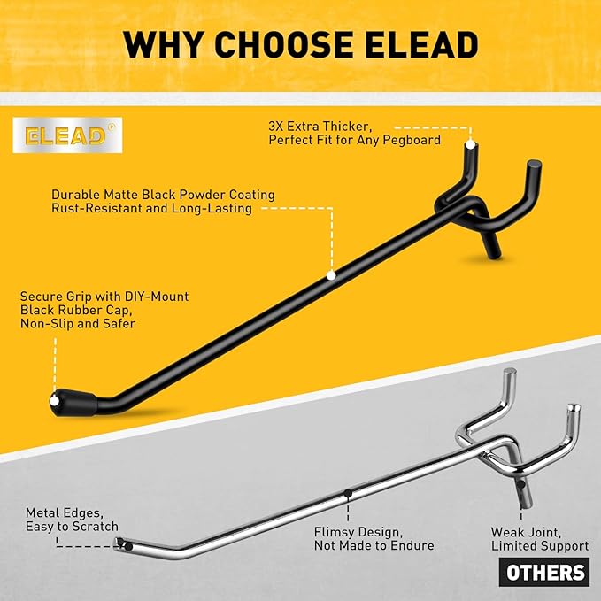 ELEAD 66-Piece 2/4/6 Inch Extra Thick Pegboard Hooks, Heavy Duty Peg Board Organizer Accessories, Peg Board Tool Hangers Fit for 1/4" Pegboard Hanging Tools Garage, Workshop, and Craft Storage