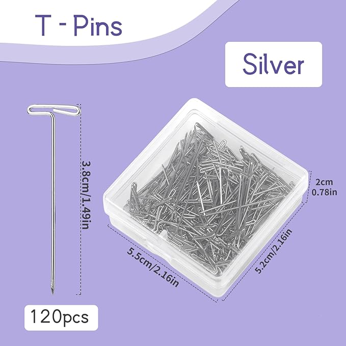 120 Pcs 1.5Inch T Shape Sewing Pins for Wigs, Wig Pins with Clear Box, Wig Pins for Foam Head, Long Straight Pins for Sewing, Blocking Knitting, Office, Craft, and Crocheting（38mm
