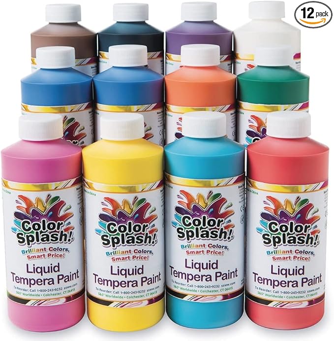 S&S Worldwide Color Splash! Liquid Tempera Bulk Paint, Set of 12 in 11 Bright Colors, 16-oz Easy-Pour Squeeze Bottles, For Arts & Crafts, School, Classroom, Poster Paint, For Kids & Adults, Non-Toxic