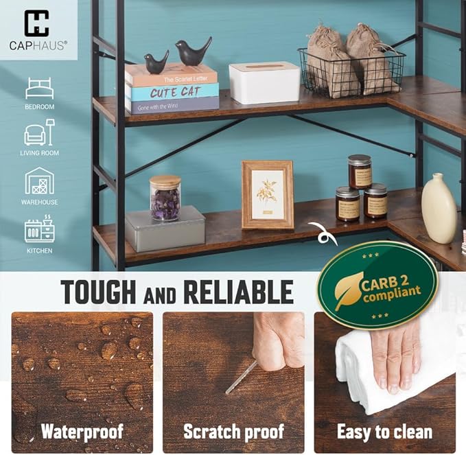 CAPHAUS L-Shaped Bookshelf, 5 Tier Industrial Corner Bookcase, Tall Corner Shelf with Metal Frame, Wooden Board, Open Display Shelf for Living Room, Bedroom, Home and Office,White