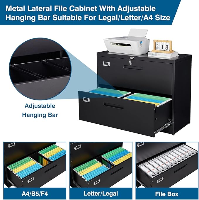 2 Drawer File Cabinet, Lateral Filing Cabinets for Home Office, Office Storage Drawers with Lock, Hanging Files Legal/Letter A4 Size (Assemble Required,Black)
