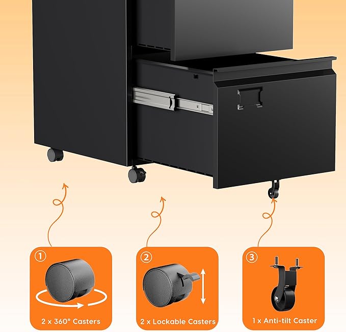 2 Drawers Mobile File Cabinet, Metal Under Desk Cabinet with Lock, for Office & Home, Legal/Letter Size, W14.57”x D17.36”x H25.79”, Assembly Required