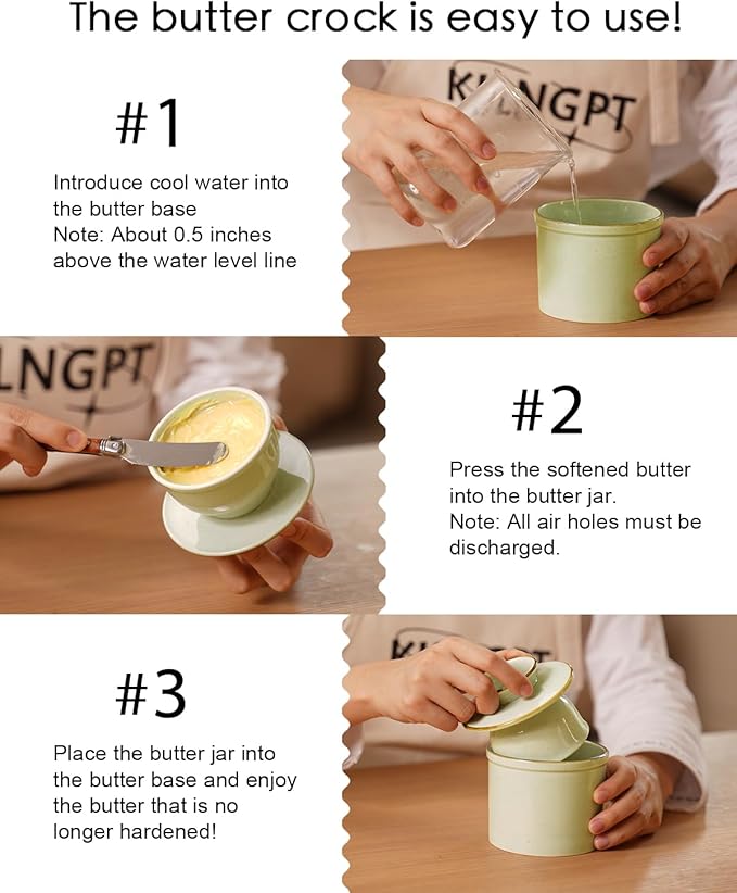 French Butter Dish, Butter Crock for Counter with Water Line, Ceramic Butter Keeper for Spreadable Butter - Chrismas Home Kitchen Decor - Reactive Glaze Collection - Green