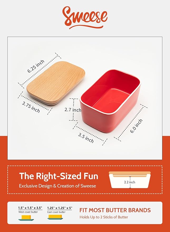 Sweese Large Butter Dish with Lid for Countertop, Airtight Butter Keeper Holds Up to 2 Sticks of Butter, Porcelain Butter Container for Kitchen Decor and Accessories for Kitchen Gift, Red