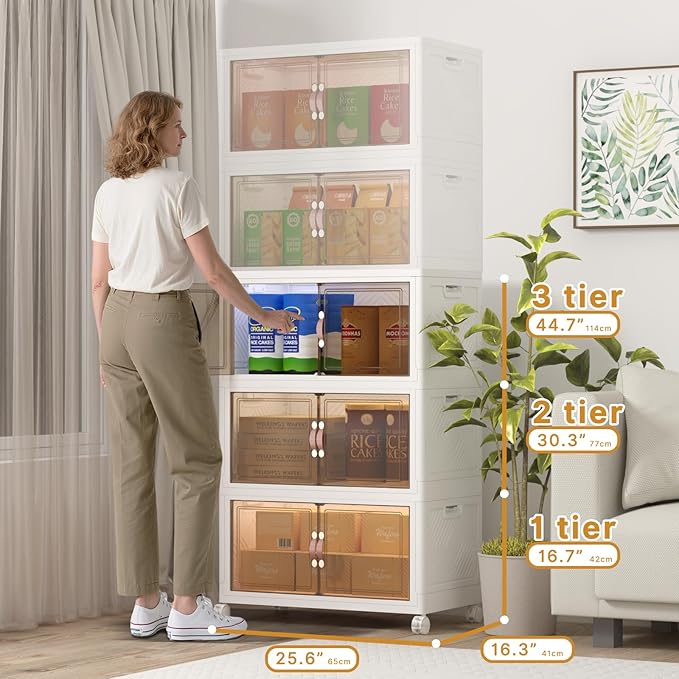 Extra Large Stackable Storage Bins with Lids & Wheels, Foldable Collapsible Closet Organizers Storage Cabinet with Doors for Bedroom Dorm (White, 360QT-120QT/30GAL*3Pack)