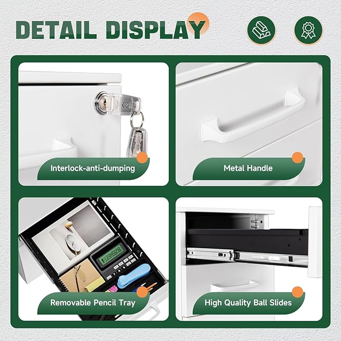 Letaya 3 Drawer Mobile File Cabinet with Lock,Under Desk Metal Filing Cabinets for Home Office Organizer,Small Rolling Printer Stand with Wheels,for Letters/Legal/A4(Assembly Required) (White)