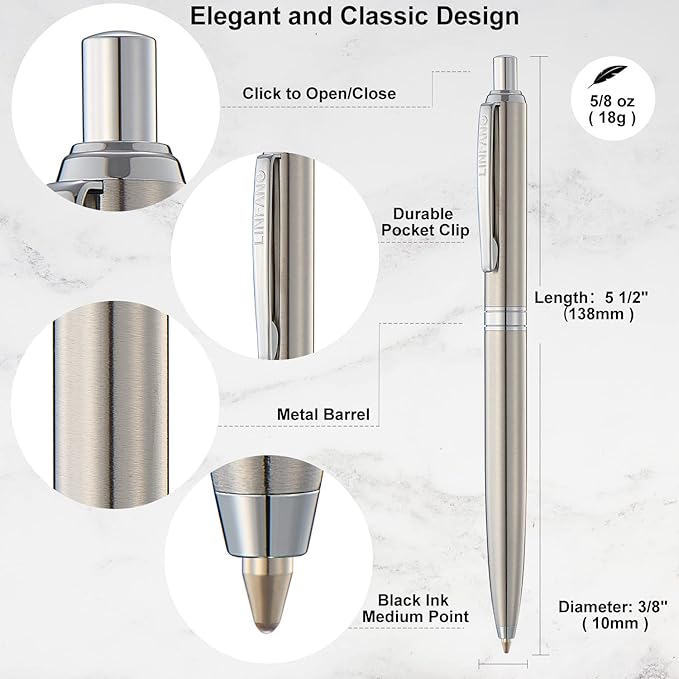 LINFANC 8 Pack Ballpoint Pens, Premium Retractable Metal Ballpoint Pen, Medium Point 1.0mm Black Ink Pen for Home School Work Office Supplies, Stainless Steel Trim, Extra 8 Refills