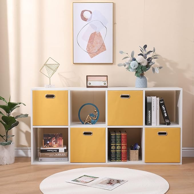 Cube Storage Bins 13×13x13 Inch, 4 Pack Collapsible Linen Fabric Storage Cubes with Handles, Thick Heavy Duty Storage Baskets for Shelves Kallax Bedroom Dormitory Toy Clothes, Yellow