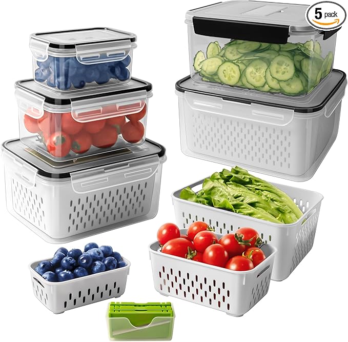 5 PCS Fruit storage Containers for Fridge with Removable Colander and Chopper Set, Leakproof Food Storage Containers with lids, Dishwasher & Microwave Safe Produce Containers to Keep Fruits Fresh ﻿