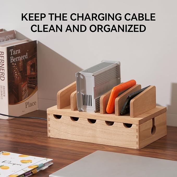KIRIGEN Wood Charging Station Rack Organizer for Multiple Devices Desktop Organizer with 5 Ports for Cell Phones, Tablets, Earphones Wooden Cable Management DDXH-NA