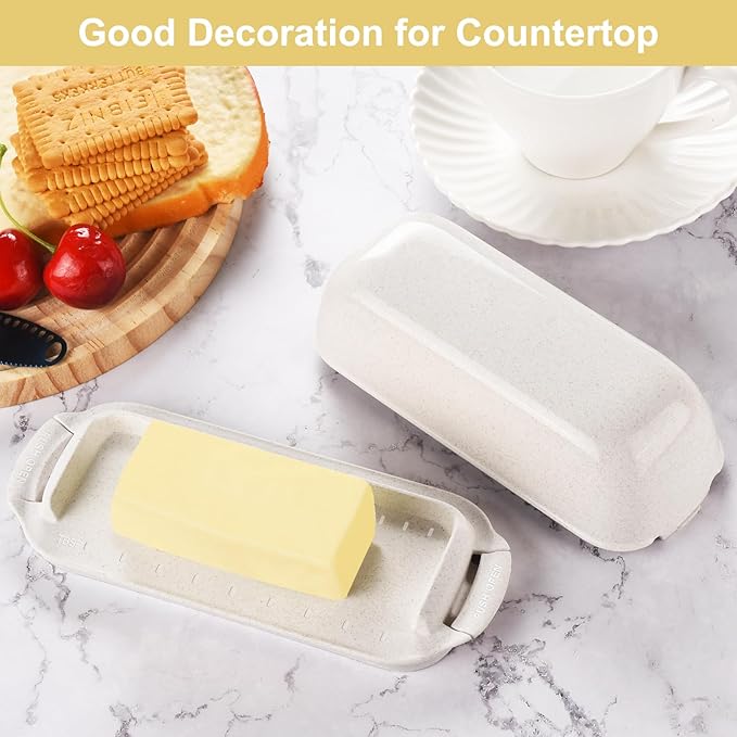 AONCO Butter Dish, Beige Wheat Straw Butter Container Holds with Lid for Countertop, Unbreakable Reusable Butter Keeper for Home Kitchen Decor, Perfect for East/West Coast Butter, Eco Friendly
