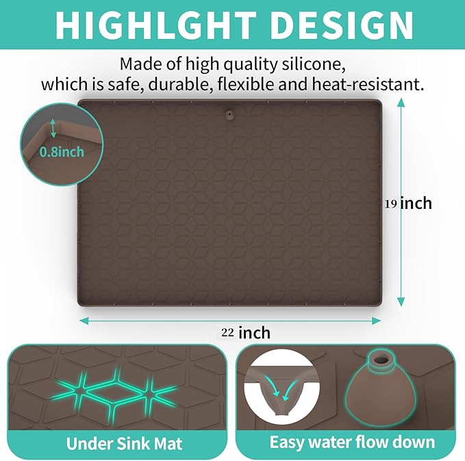 Under Sink Mat, 19"x22" Under Sink Mats for Kitchen, Silicone Waterproof Under Sink Liner, Sink Cabinet Organizer Tray with Drain Hole (Brown, 19X22)