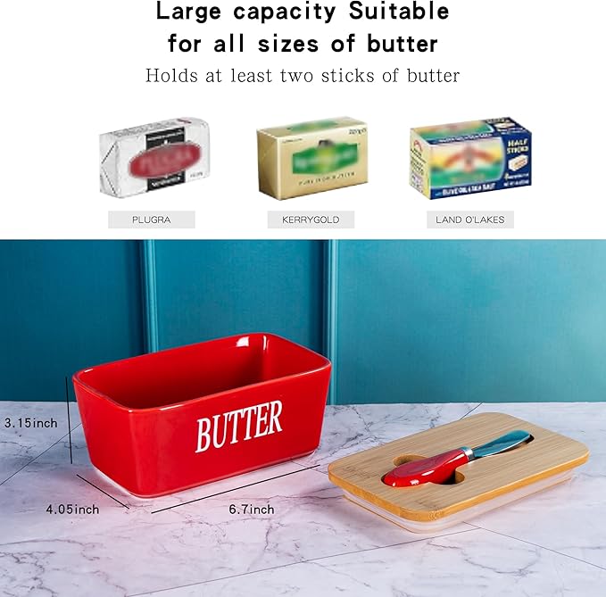 Red Butter Dish with Lid for Countertop, Large Ceramic Covered Butter Stick Holder Container for Fridge