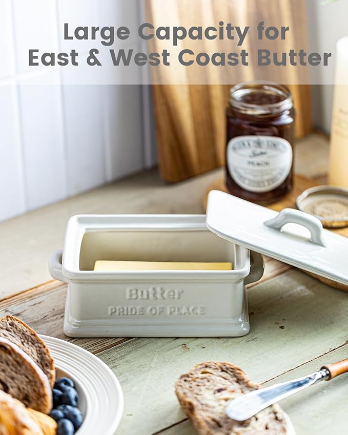 Butter Dish with Lid, Ceramic Butter Dish for Countertop Butter Holder Container Large Butter Keeper for East West Coast Butter, Thanksgiving, Christmas, White