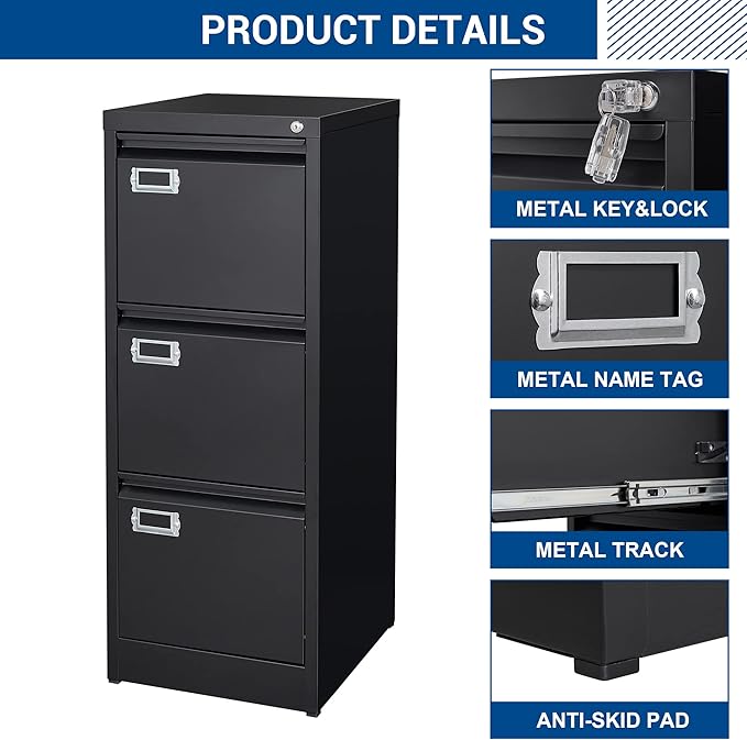 Vertical File Cabinets - 3 Drawers 17.8" Deep Lockable Filing Cabinet - Metal Storage Cabinets for Home Office to Hanging Files Letter/Legal/F4/A4 Size
