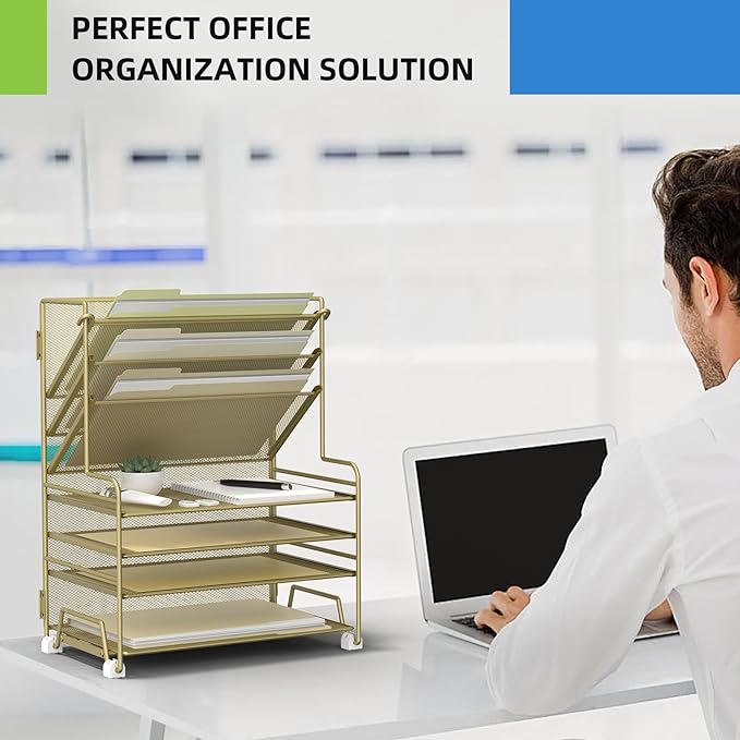 4-Tier Paper Organizer + 3-Pocket File Holder + Drawer + Pen Holders, Desktop File Organizers Paper Tray for Office Supplies School Classroom Organization (Gold, with Drawer & Pen Holder)