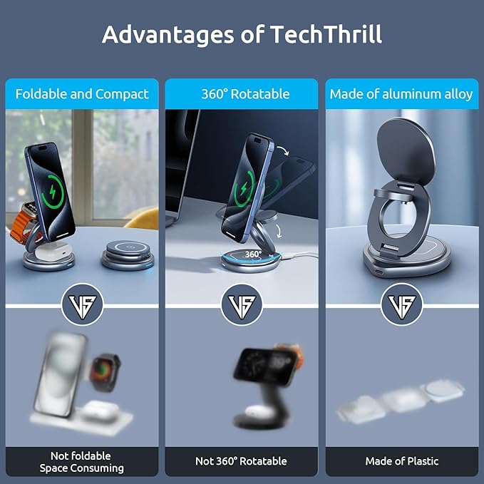 3 in 1 Wireless Charging Station for Apple Travel Charger for Multiple Devices Aluminum Alloy Foldable Magnetic Magsafe Charger 360 Rotating for iPhone 17/16/15/14/13/12 Series,for iWatch,for Airpods