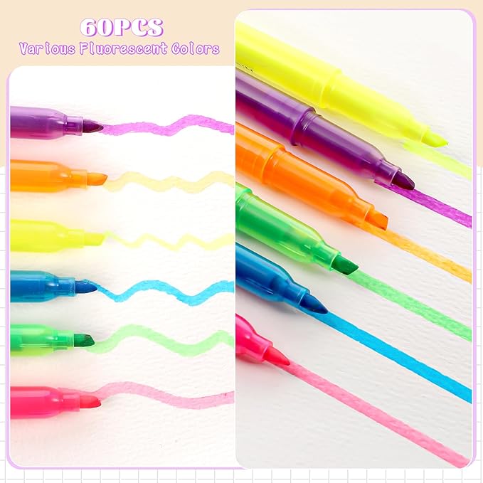 BESARME 60 Pack Highlighters Bulk Highlighter Assorted Colors 6 Colors Fluorescent Highlighters Markers for Home School Office