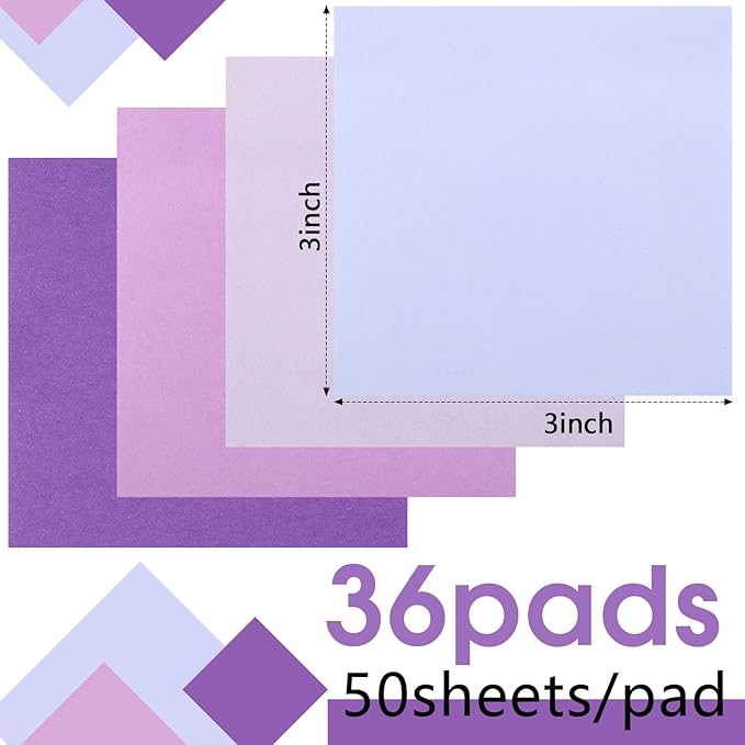 Thenshop 36 Pads Sticky Notes 3''x3'', Self Stick Notes Pads Office Supplies, 50 Sheets/pad Colored Aesthetic Sticky Accessories Home, Office, Notebook(Purple)