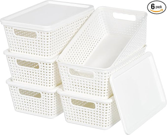 Plastic Storage Baskets With Lid, Storage Bins for Organizing, Stackable Decorative Containers for Shelves Drawers Desktop Closet Playroom Classroom Office, 6 Pack- White