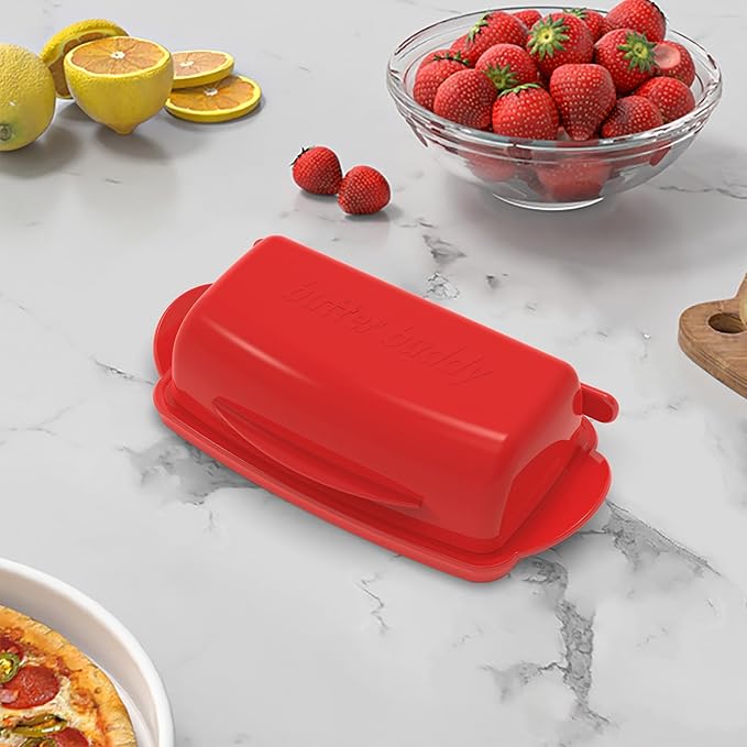 Butter Dishes with Lid for Countertop Refrigerator, Plastic Butter Dish Clear Flip Top Lid Butter Container with Spreader, Non-Slip Bottom Butter Holder Keeper (Red)