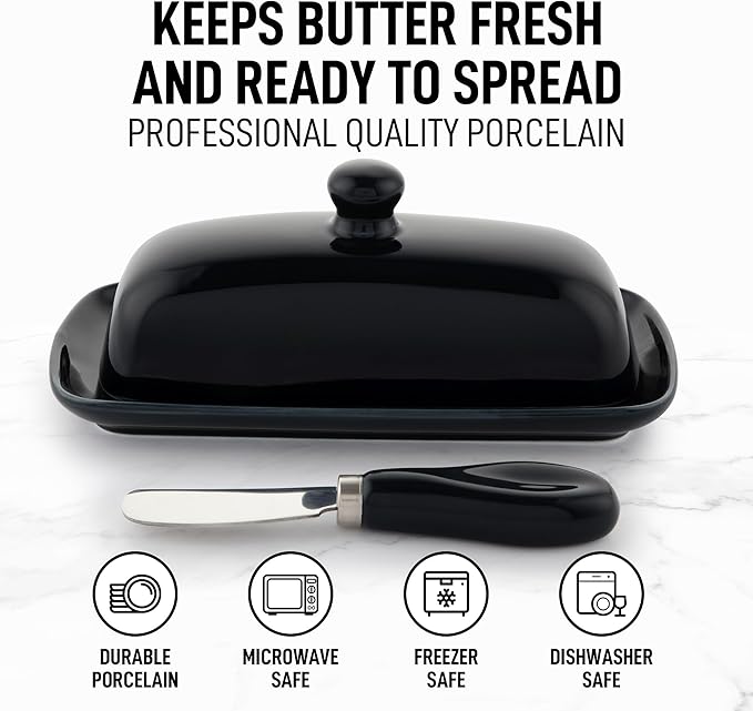 Zulay Kitchen Butter Dish With Lid For Countertop - Porcelain White, Ceramic Butter Dish with Knob Handle Great for Cooking - Elegant Design Butter Holder - Durable & Sturdy Butter Keeper - Black