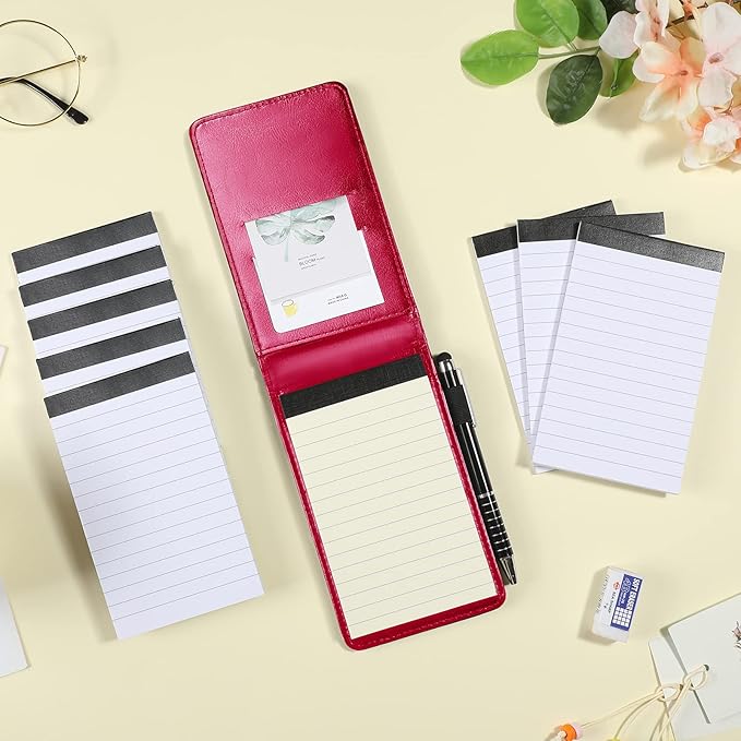 Outus 10 Pcs Pocket Notebook with Pen Set Included Mini Pocket Notepad Holder with 50 Lined Sheets, Metal Pen, 8 Pcs 3 x 5 Inch Memo Book Refills, 30 Lined Paper Per Note Pad (Rose Red)
