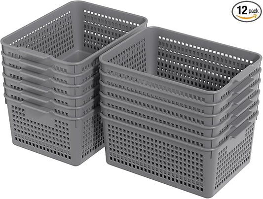 Sandmovie 12-Pack Plastic Storage Basket Desktop Organizer, Large Storage Baskets, Gray