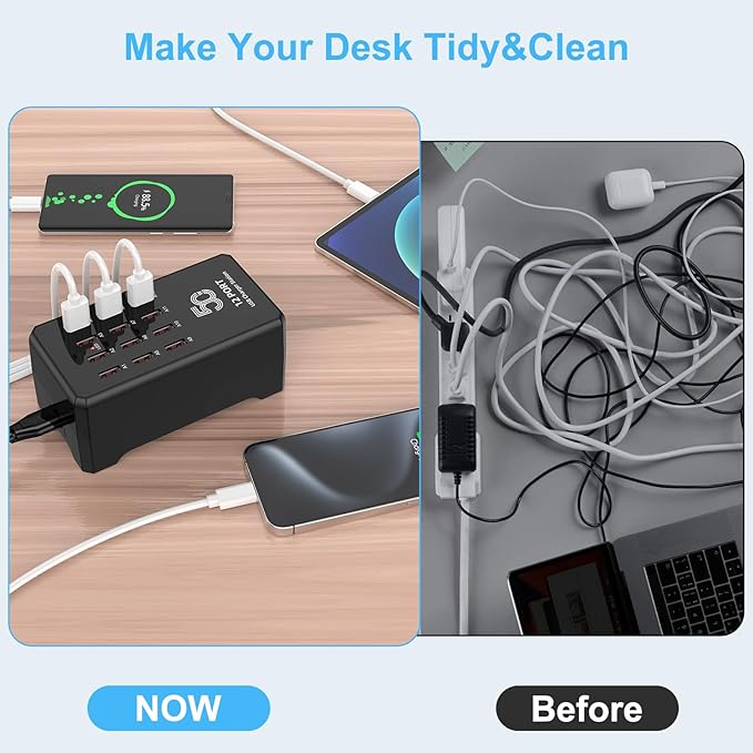 50W 12-Port USB Charging Station for Multiple Devices-Portable USB Charging Hub Compatible with iPhone, Android, Tablet, AirPods & More-Compact Charger Block for Home, Office & Travel.