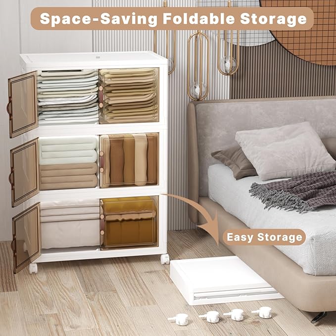 Extra Large Stackable Storage Bins with Lids & Wheels, Foldable Collapsible Closet Organizers Storage Cabinet with Doors for Bedroom Dorm (White, 504QT-168QT/42GAL*3Pack)