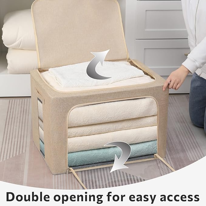 FHSQX 2 Pack Clear Window Storage Bins Foldable Fabric Storage Bins Boxes for Clothes Stackable Box Organizer Set with Carrying Handles (Beige, 22L,15.7x 11.8x 7.8 Inch)