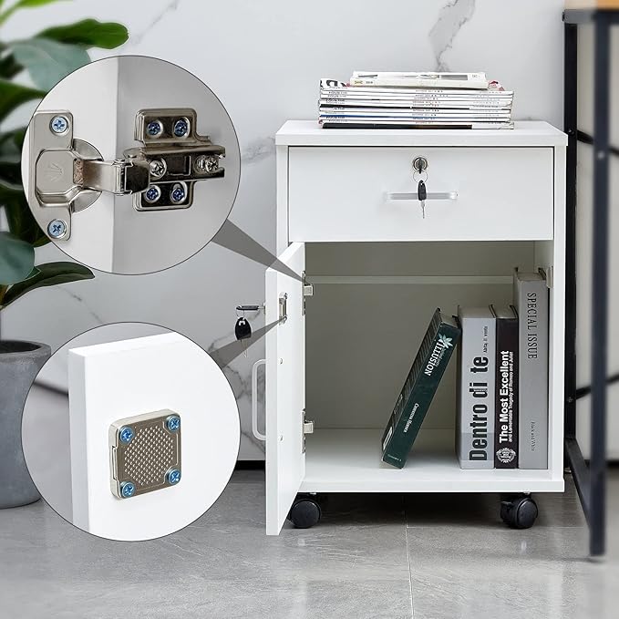 TUKAILAi Mobile File Cabinet with Lockable Drawer & Door, Under Desk Rolling Filing Cabinet with 4 Wheels, Wooden Stationery Storage Cabinet for Home Office (White)