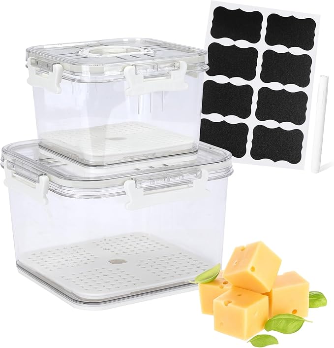 Cheese Container for Refrigerator,2 Pack Cheese Keeper with Airtight Lid and Time Recording,Cream Block Shredded Cheeses Storage Box,Sliced,Grated,Cheddar Cheeses Box Keeper for Fridge,kitchen