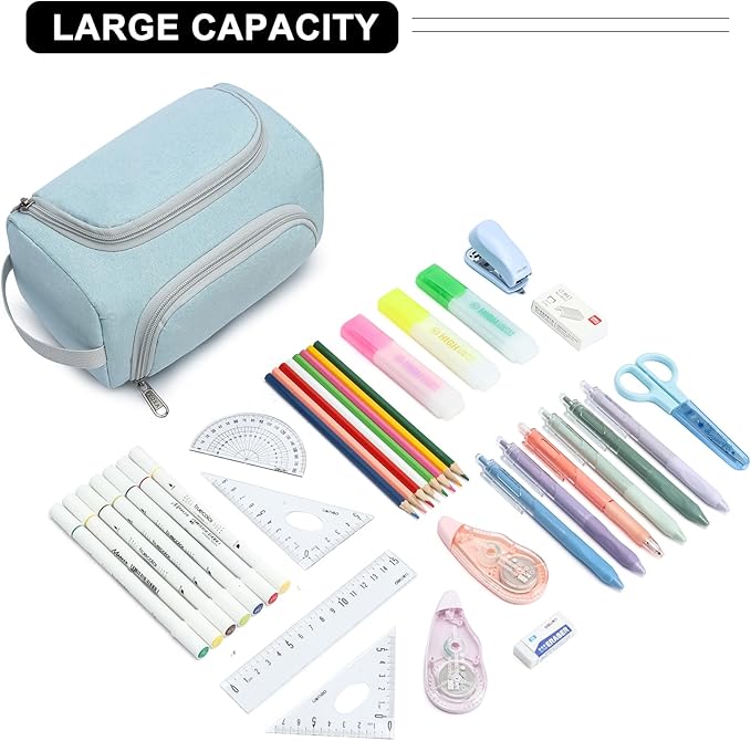 XQXA Extra Large Capacity Pencil Case Organizer, Multifunctional Pencil Pouch with Compartmens, Travel Simple Stationery Bag, Nylon Pencil Bag for Adults (Blue)