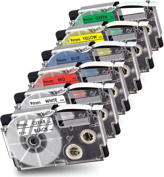 Pristar 6-Pack Compatible Label Tape Replacement for Casio Label Tape 9mm 0.35” XR-9WE XR-9X XR-9RD XR-9BU XR-9YW XR-9GN Work for KL-60 KL-100 KL-120 KL-750 KL-780 KL-7000 KL-8100 Label Maker
