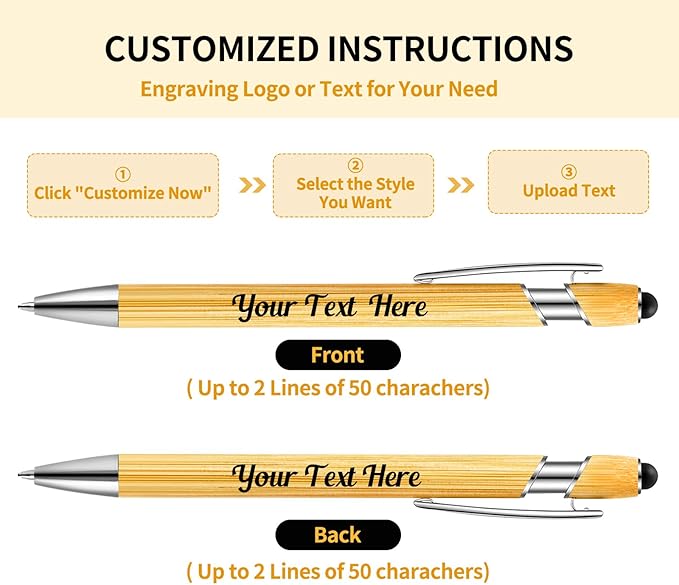 Personalized Pen Bamboo Pen with Stylus -Customizable Text Logo Name Ballpoint Pens with Black Ink-Personalized Gift Ideas for Office School Business Home(10 Count/Pack)