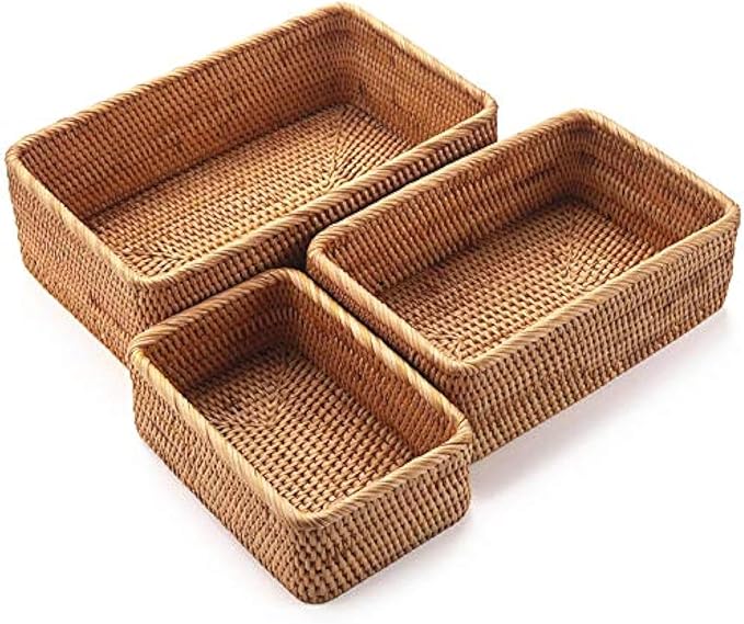 Natural Rattan Storage Baskets, Rectangular Woven Fruit Baskets, Decorative Wicker Basket and Small Baskets for Organizing (Set of 3)