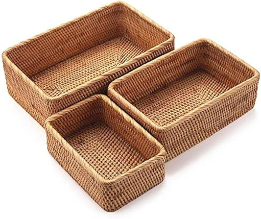 Natural Rattan Storage Baskets, Rectangular Woven Fruit Baskets, Decorative Wicker Basket and Small Baskets for Organizing (Set of 3)