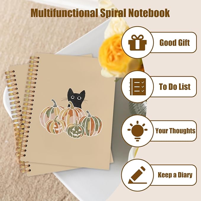 WUCHJ Halloween Black Cat Pumpkin Notebook, Fall Halloween Pumpkin Journal, Black Cat Gifts, Farmhouse Fall Autumn Spiral Notebook Journal for Note Taking, 5.5x8.3 Inch