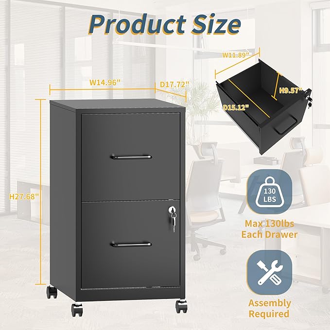 2 Drawer File Cabinet on Wheels, Mobile Filing Cabinets with Lock, Metal Storage Cabinet, Vertical Filing Cabinets for Home Office, Rolling File Cabinet for Under Desk, Amssebly Required,Black