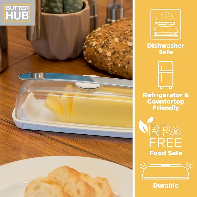 Butter Hub Extra Large Butter Dish with Lid and Knife, European Size Magnetic Butter Keeper, Easy Scoop, No Mess Lid, Plastic, Dishwasher Safe (Clear, European / 2 Sticks)
