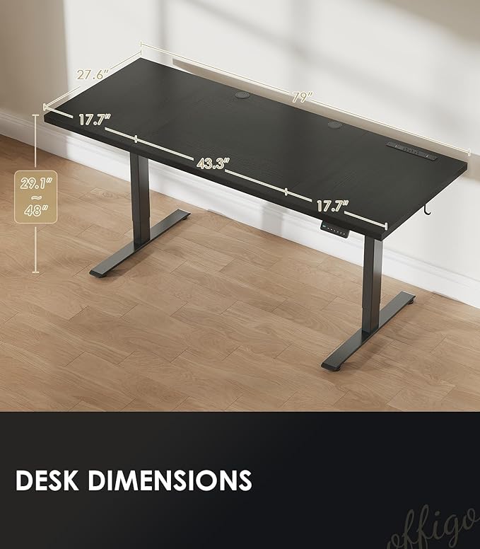 OffiGo Electric Standing Desk with 3-Piece Board, 79 Inch Height Adjustable Large Desk with Power Outlets, Sit Stand Table, Writing Computer Desk for Home, Office, Workstation, Black