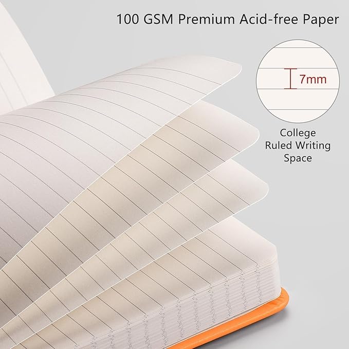 RETTACY Lined Journal Notebook, 192 Numbered Pages, A5 Medium Size (5.7'' x 8.3''), for Men & Women, Journaling, Writing, Work & Office, Leather Hardcover, 100 GSM Thick Paper (Orange)