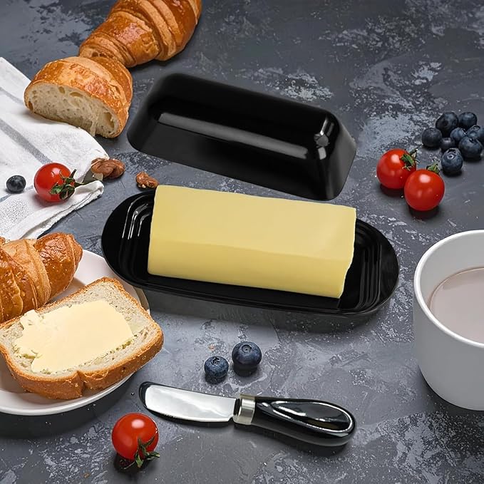 Butter Dish with Lid and Knife, Durable Countertop & Fridge Butter Keeper, BPA-Free Melamine Butter Container, Dishwasher Safe, Fits East/West Coast Butter Sticks (Black)