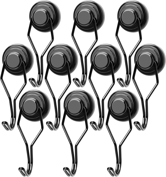 MIKEDE Black Magnetic Hooks Heavy Duty, 80 lb+ Strong Swivel Swing Neodymium Magnetic Hooks for Hanging, Strong Magnet Hanger for Cruise Cabins, Locker, Toolbox, Home, Kitchen - Pack of 10