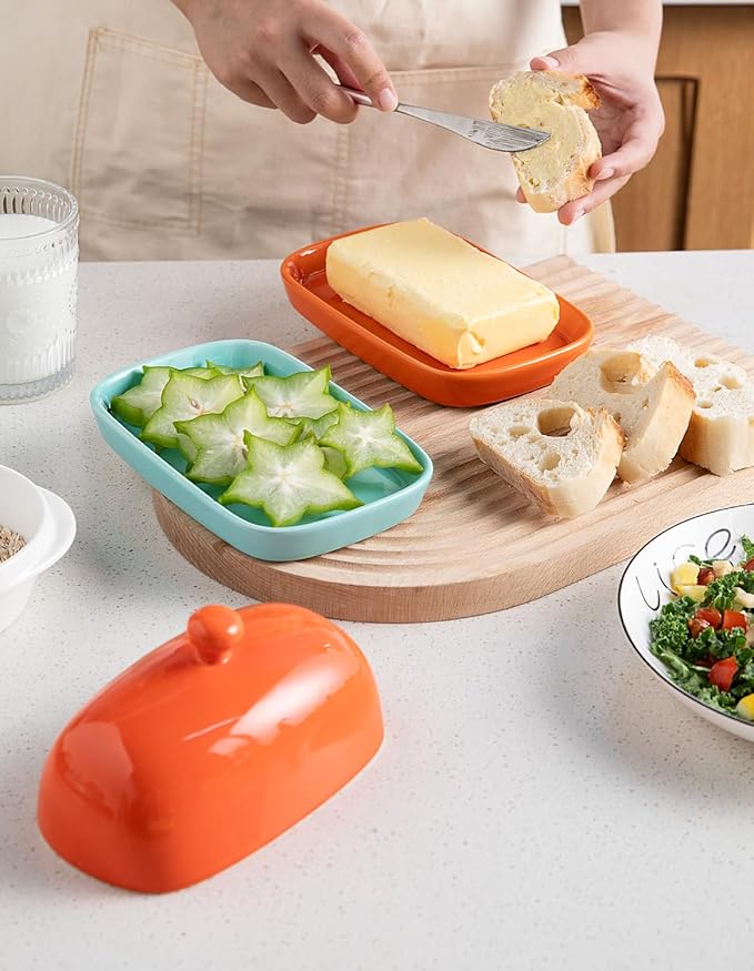 Sweejar Ceramic Butter Dish with Lid for Countertop,Porcelain Butter Keeper with Knob Handle,Butter Container for East/West Coast Butter, 7 inches (Orange)